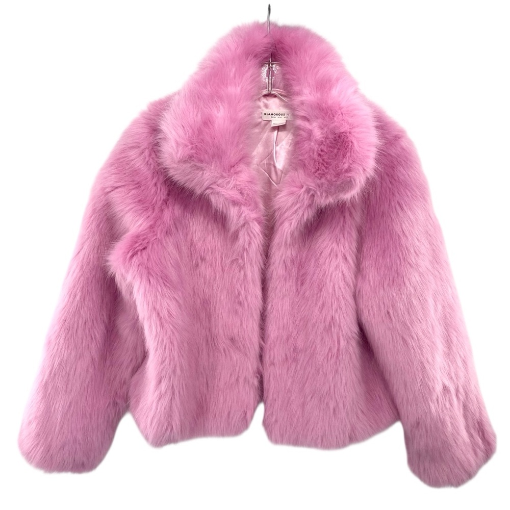 Glamorous Petite Pink Faux Fur Fluffy Coat With Lapel Collar